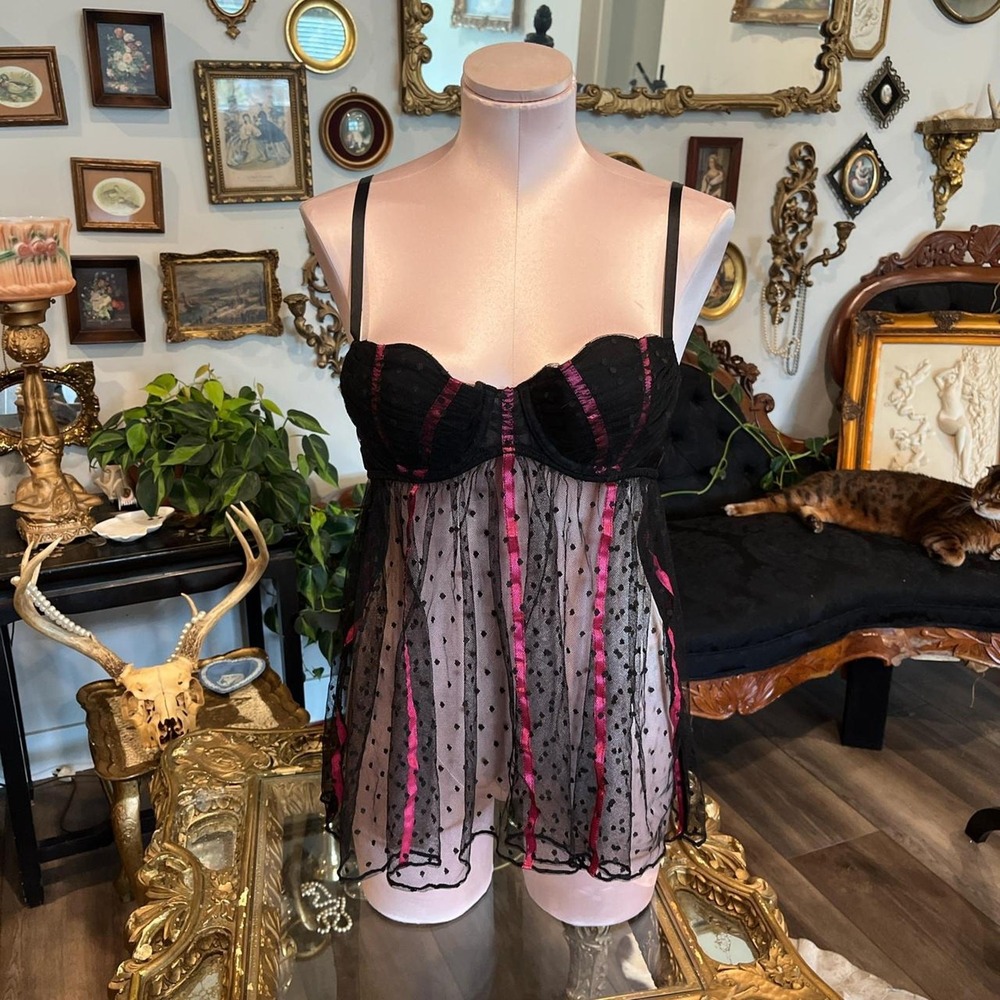 Victorias Secret Sexy Little‎ Things Black Pink Polka Dot Underwire Babydoll 36B